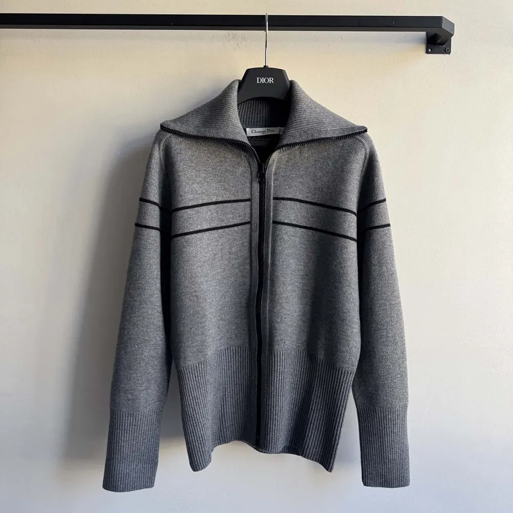 Dior Men Reversible Hooded Cardigan Gray Cashmere-Blend Knit with Dior Oblique Motif