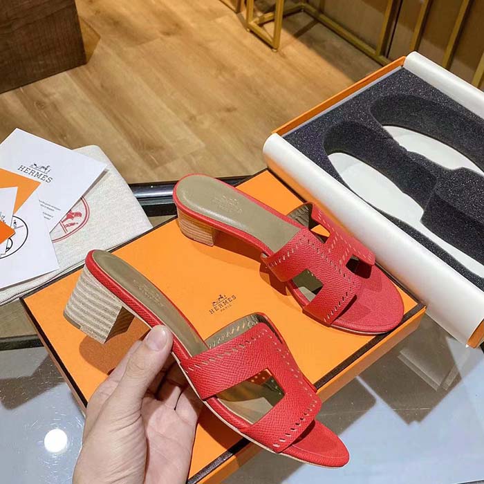 Hermes Women Oasis Sandal Red Calfskin Iconic “H” 5.6cm Heel