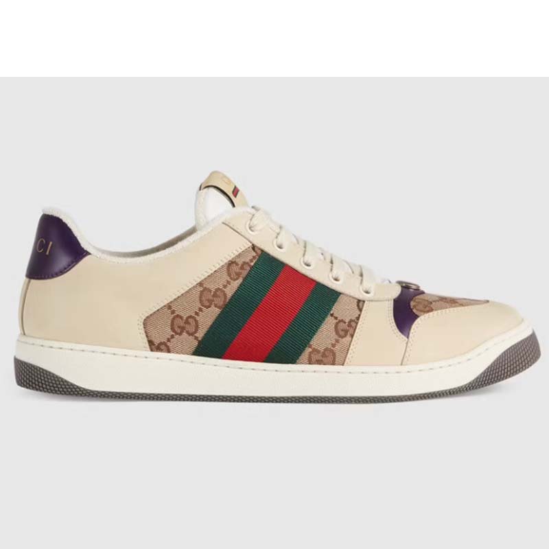 Gucci Unisex GG Screener Sneaker Beige Navy Leather Canvas Low 4 cm Heel