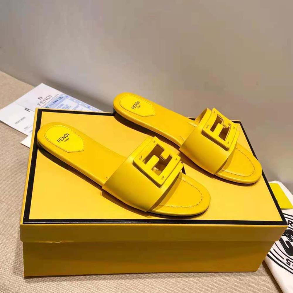 Fendi Women Signature Yellow Leather Slides in 0.4 inches Heel Height