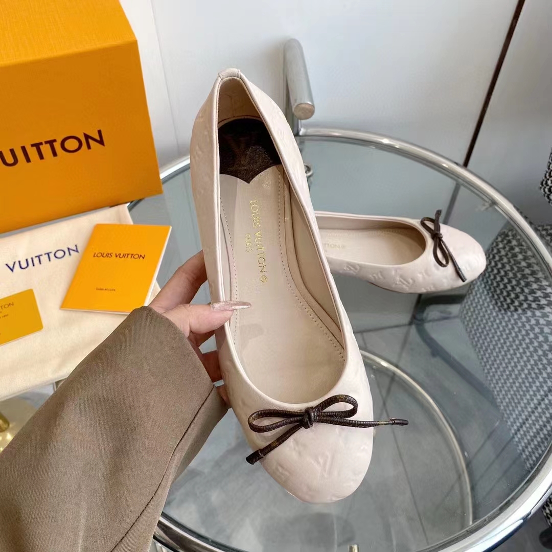 Louis Vuitton LV Women Nina Flat Ballerina Nude Pink Monogram Embossed Calf Leather Bow