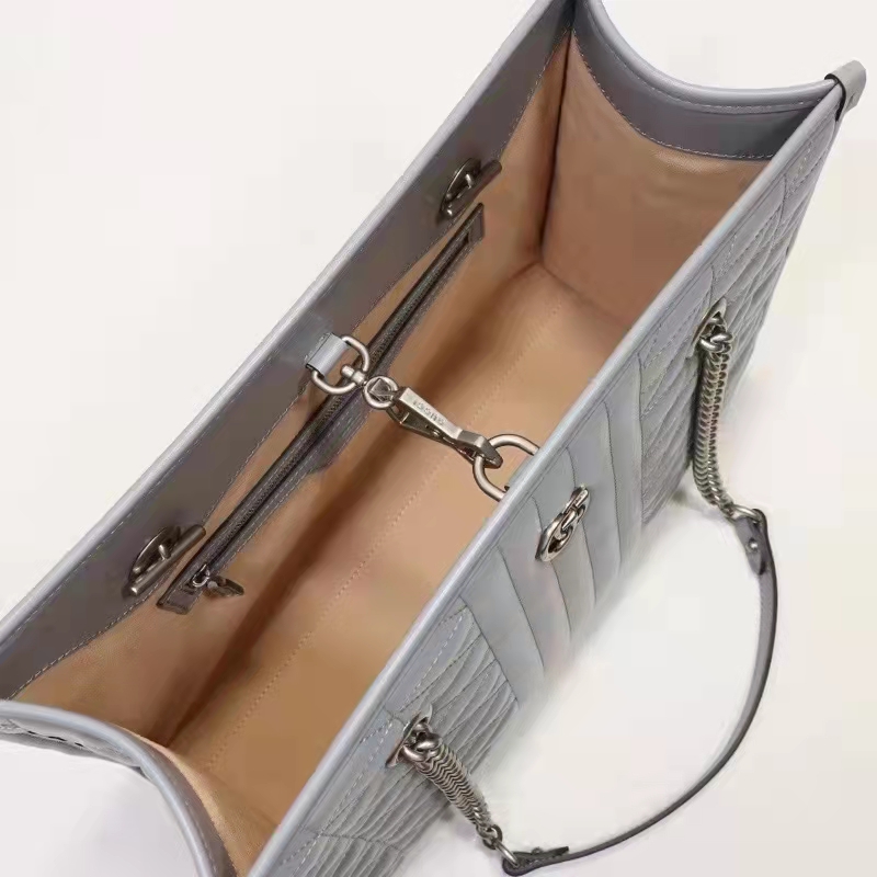 Gucci Unisex GG Marmont Medium Tote Bag Grey Matelassé Leather Double G