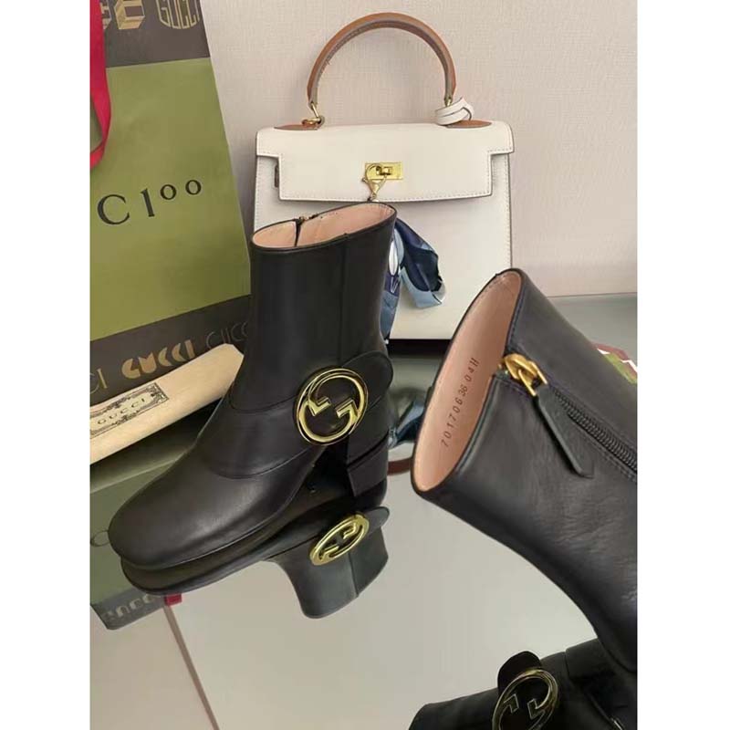 Gucci GG Blondie Women’s Ankle Boot Black Leather Mid 5 Cm Heel