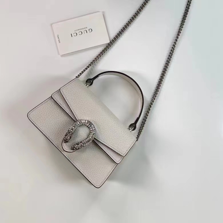 Gucci GG Women Dionysus Mini Top Handle Bag White Leather Crystal Hardware Tiger Head Closure