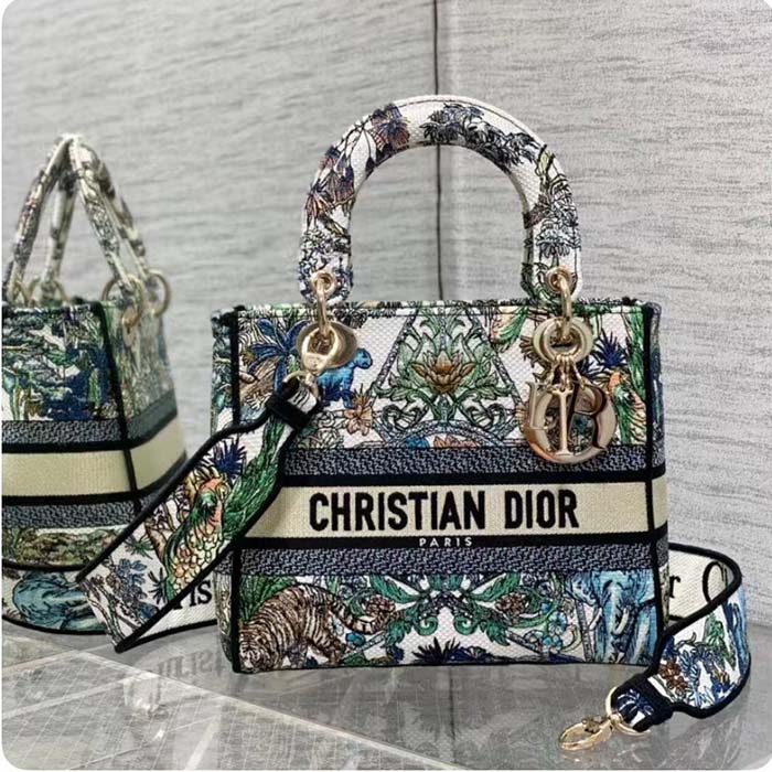 Dior Women CD Medium Lady D-Lite Bag White Multicolor Étoile De Voyage Embroidery