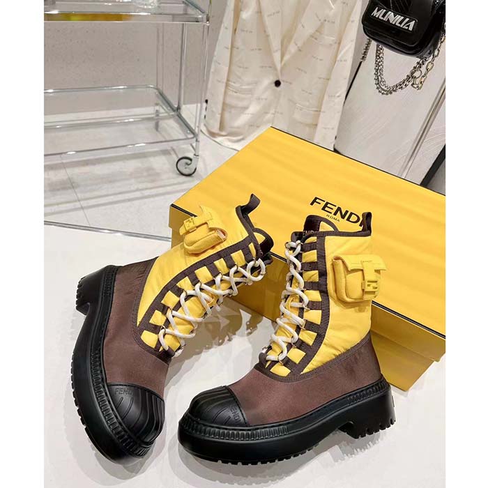 Fendi Women FF Domino Biker Boots Yellow Nylon Polyamide Polyester