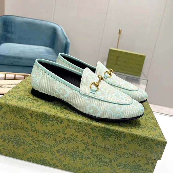 Gucci Unisex Jordaan Jumbo GG Loafer Beige Mint Green Canvas Leather Sole Horsebit