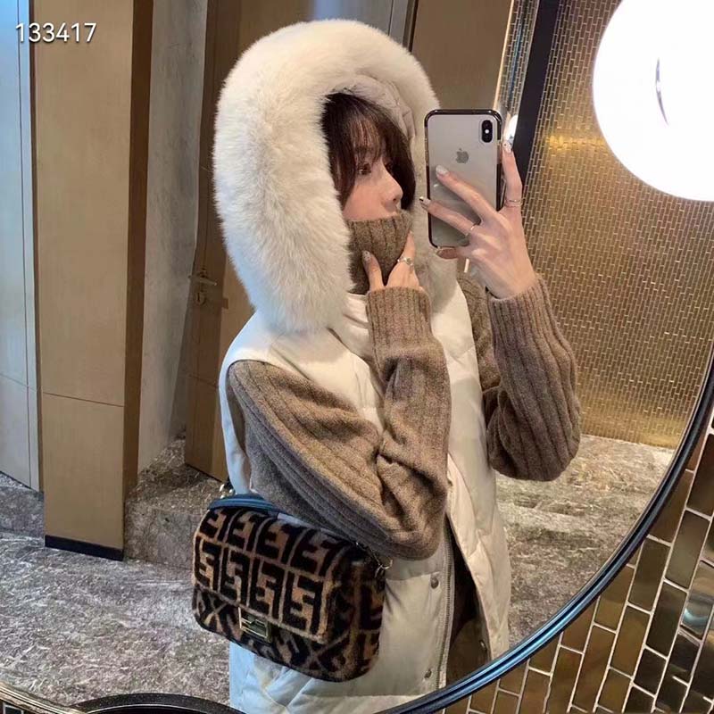 Fendi Women FF Baguette Brown Sheepskin Sheep Fur Calfskin Bag