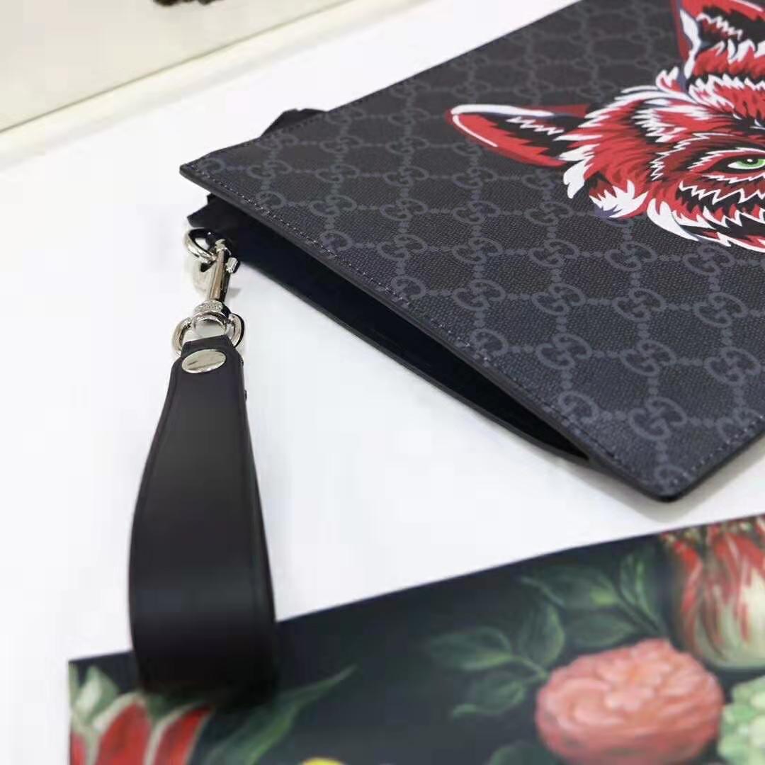 Gucci GG Men Gucci Bestiary Pouch with Wolf in Black and Grey GG Supreme Canvas