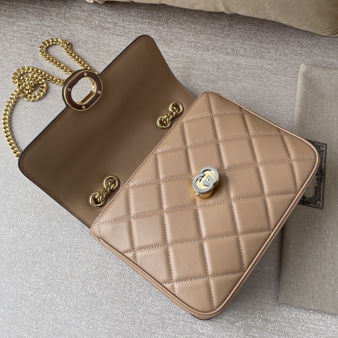 Gucci Women GG Deco Small Shoulder Bag Rose Beige Quilted Leather