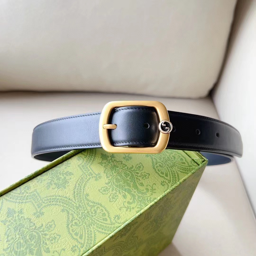 Gucci Unisex GG Belt Rectangular Buckle Black Leather Antique Brass Hardware 3 CM Width