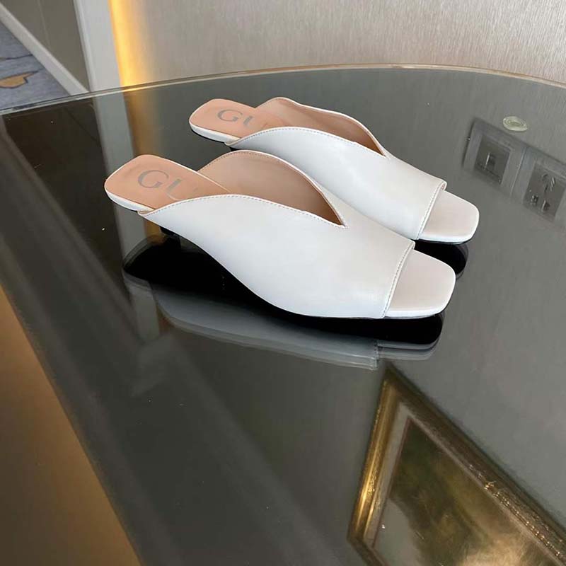 Gucci Women GG Low Heel Sandal White Leather Square Toe Leather Sole 3 Cm Heel