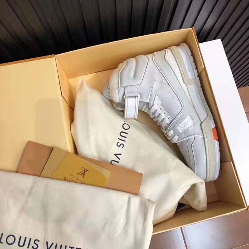 Louis Vuitton LV Unisex LV Trainer Sneaker Boot in Grained Calf Leather-White