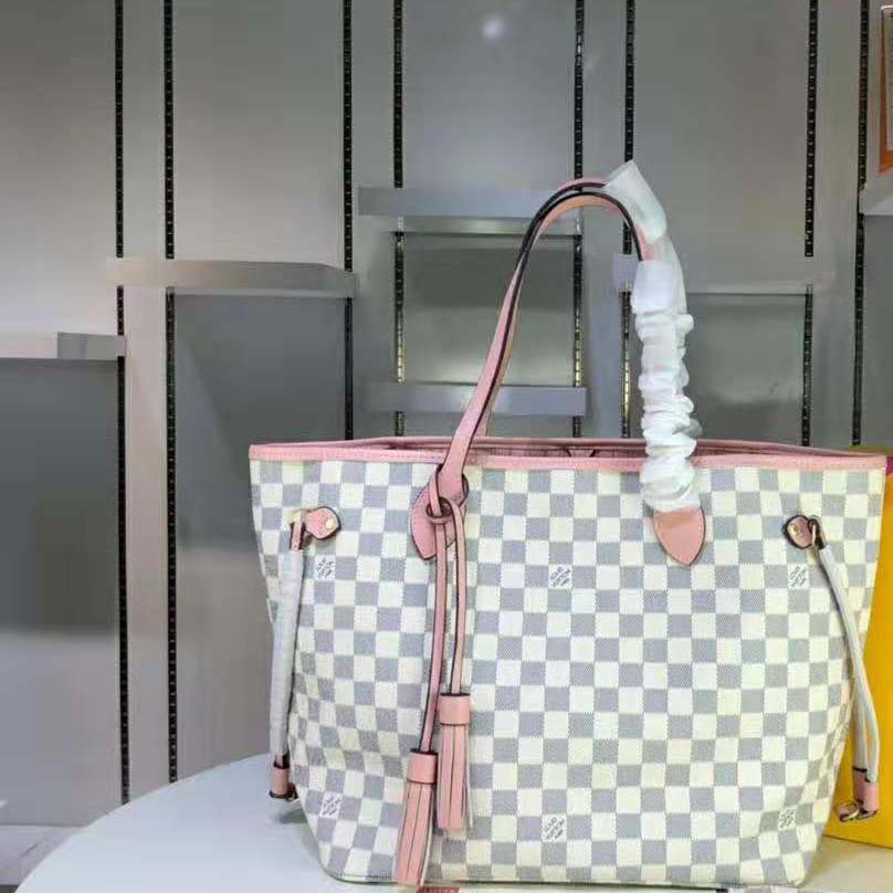 Louis Vuitton LV Women Neverfull MM Tote Bag in Damier Azur Canvas-Pink