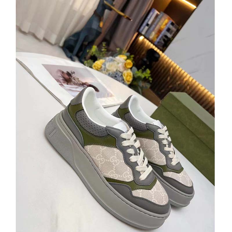 Gucci Unisex GG Sneaker White Beige GG Supreme Canvas Grey Perforated Leather