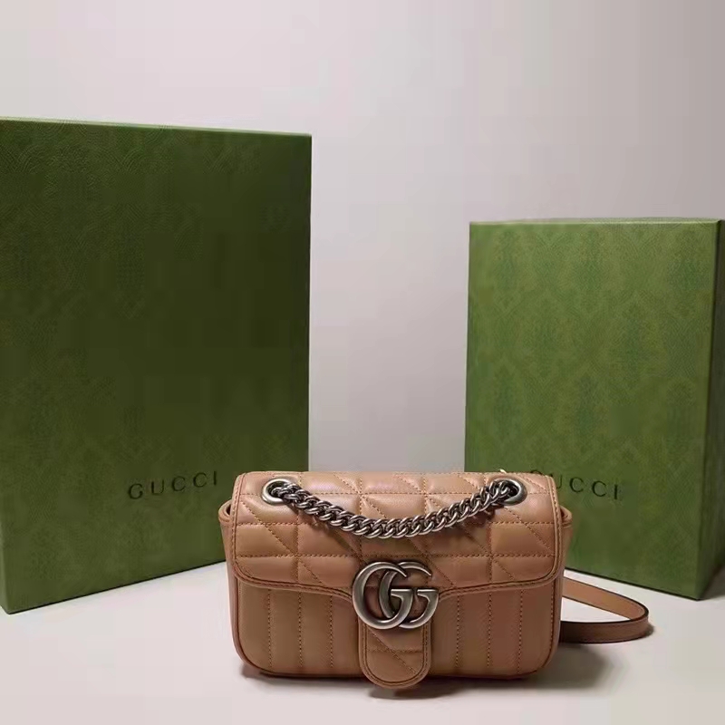 Gucci Women GG Marmont Small Shoulder Bag Beige Matelassé Leather Double G