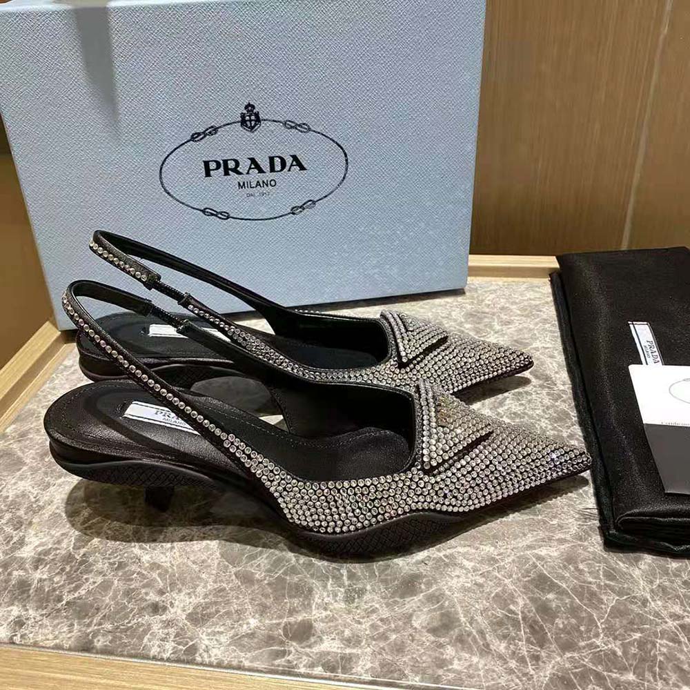 Prada Women Satin Sling-Back Pumps with Crystals-Black