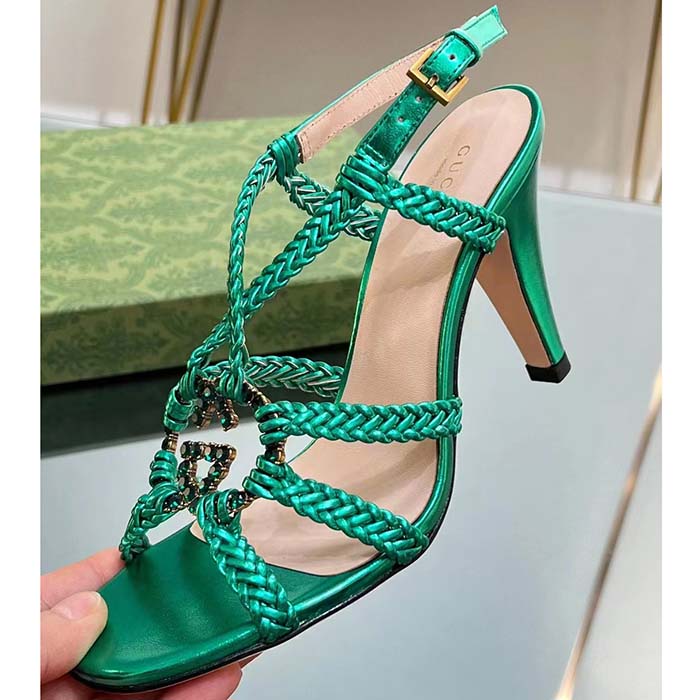 Gucci Women Crystal Interlocking G Sandal Green Metallic Braided Leather High Heel