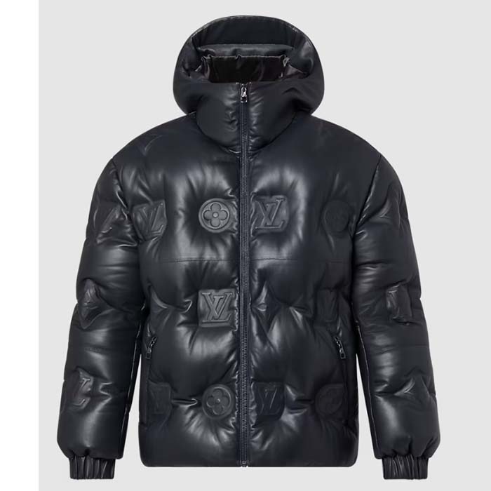 Louis Vuitton Women LV Monogram Leather Hooded Down Jacket Black Lamb Leather Anthracite Regular Fit