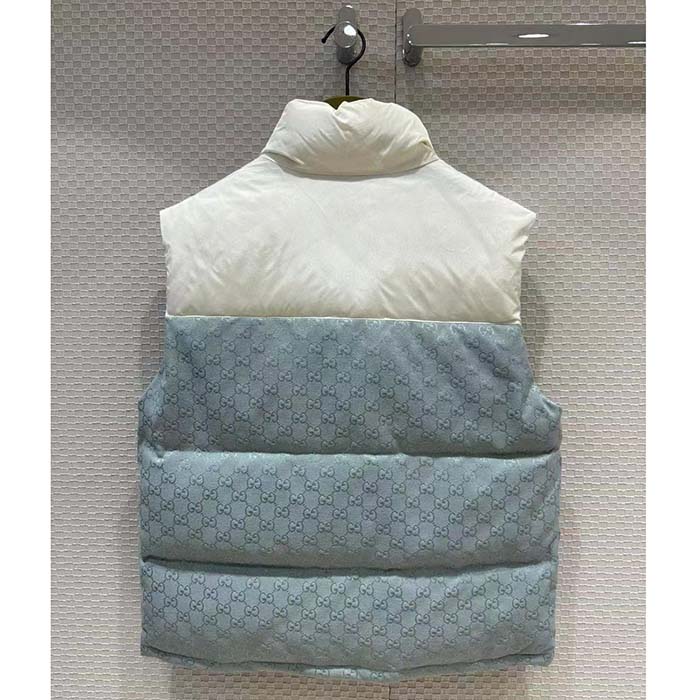 Gucci Women GG Cotton Canvas Padded Vest Blue Lined High Neck Sleeveless Two Side Pockets