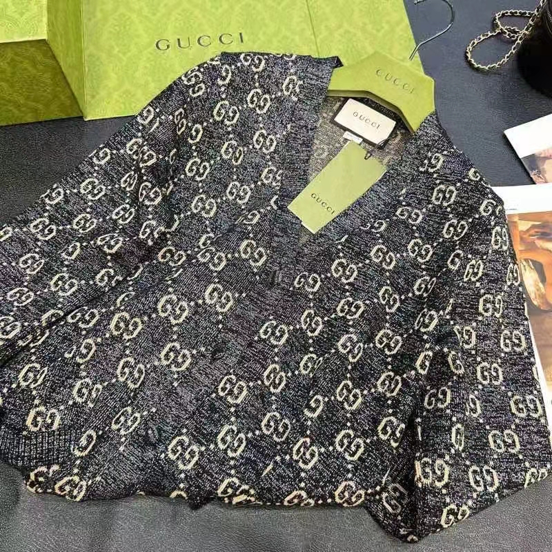 Gucci Women Lamé GG Jacquard Cardigan Black Beige Fine Cotton