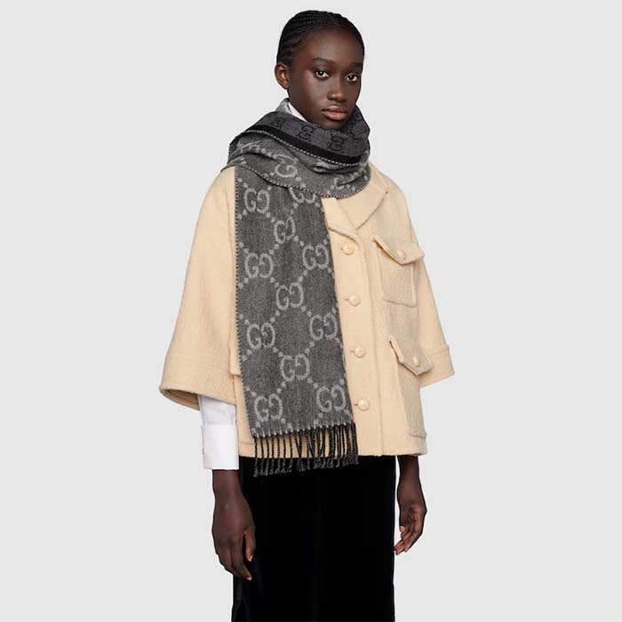 Gucci Unisex GG Jacquard Knit Scarf Tassels Grey Black Wool