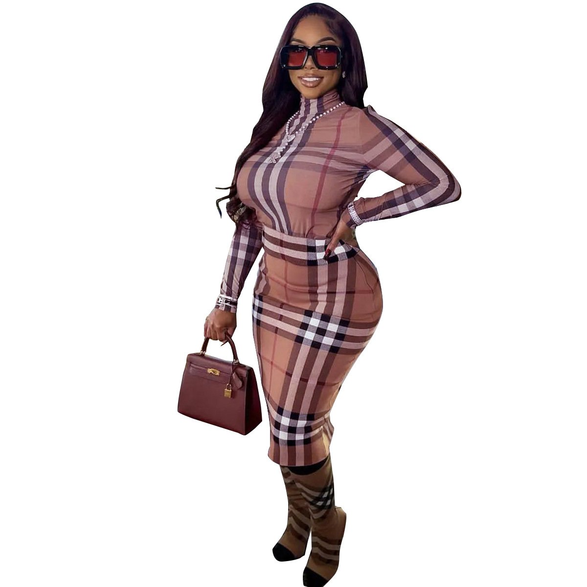 New Tight Fitting Long Sleeved High Neck Zippered Dress 1024010907