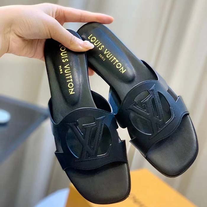 Louis Vuitton LV Unisex Isola Flat Mule Black Calf Leather Circle Signature