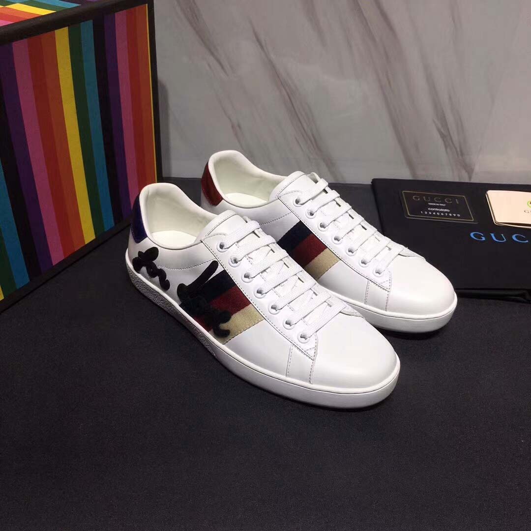 Gucci Men Ace Embroidered Sneaker Shoes in Leather with Sylvie Web-White