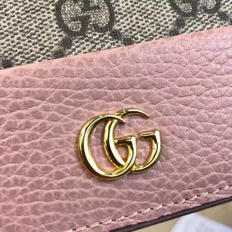 Gucci Women GG Marmont Card Case Wallet Pink Double G Beige Ebony Supreme Canvas