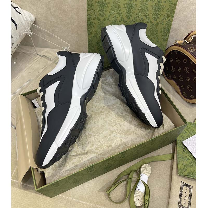 Gucci Unisex GG Rhyton Sneaker Black White Leather Rubber Sole 5 Cm Low Heel