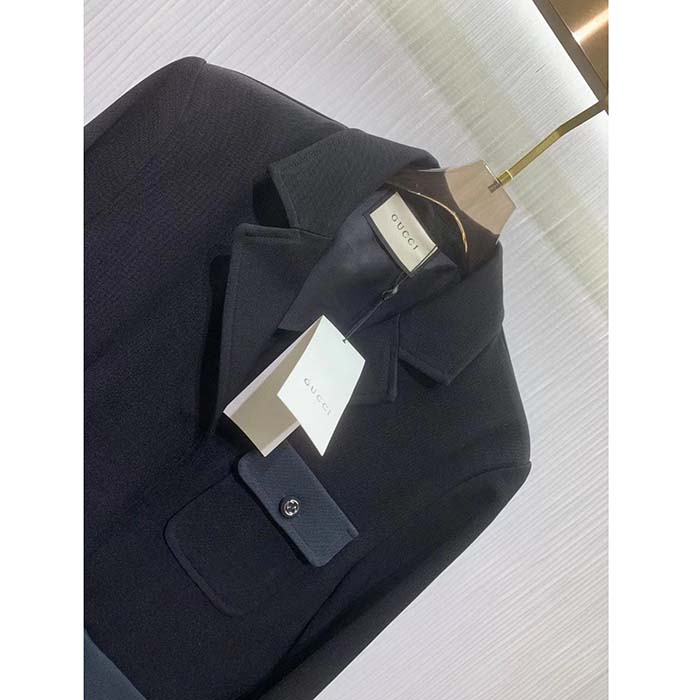 Gucci Women GG Fine Wool Crêpe Jacket Black Satin Unlined Notch Lapel Three Front Pockets