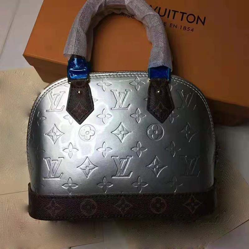 Louis Vuitton LV Women Alma BB Handbag in Metallic Monogram Vernis Patent Leather-Silver