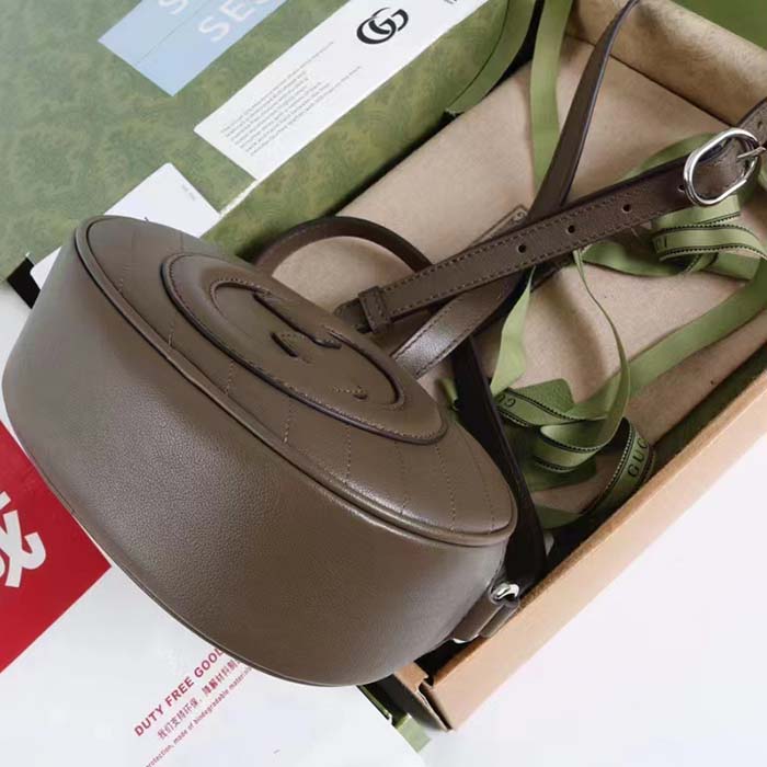 Gucci Women GG Blondie Mini Shoulder Bag Brown Leather Round Interlocking G Patch