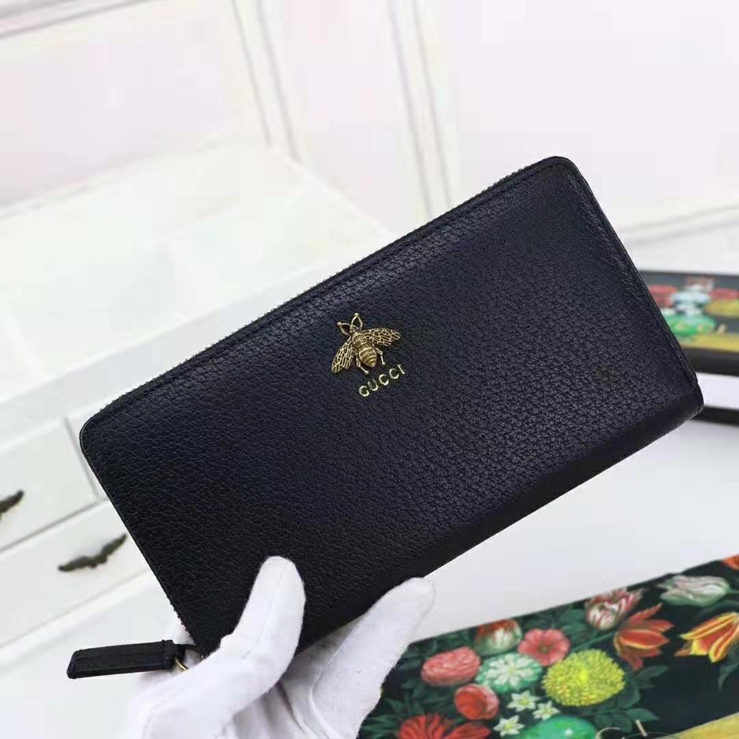 Gucci GG Unisex Animalier Leather Zip Around Wallet in Black Leather