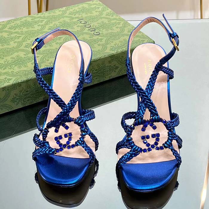 Gucci Women Crystal Interlocking G Sandal Blue Metallic Braided Leather High Heel
