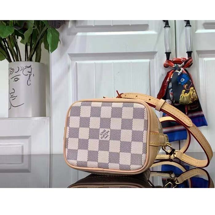 Louis Vuitton LV Women Nano Noé Bucket Bag Dragon Fruit Pink Damier Azur Coated Canvas