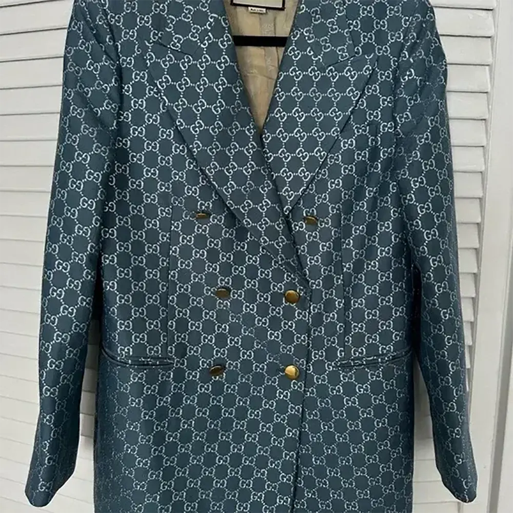 Gucci Men Double Breasted Wool Jacket with GG Shadow-Navy