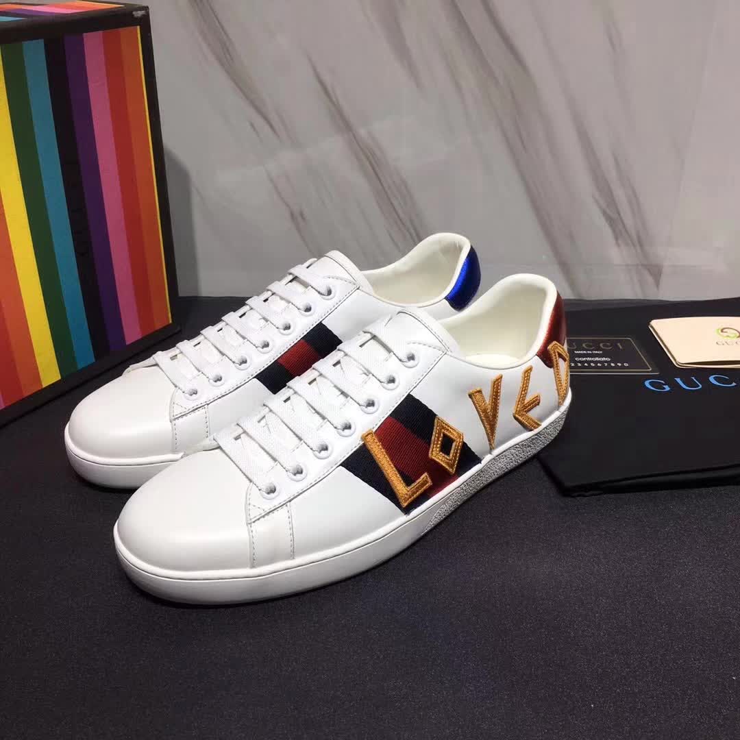Gucci Unisex Ace Embroidered Leather Sneaker Shoes Style-White