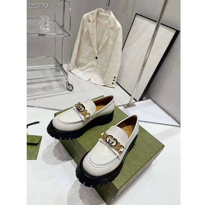 Gucci Women GG Interlocking G Lug Sole Loafer White Leather Rubber Flat 1.5 CM Heel
