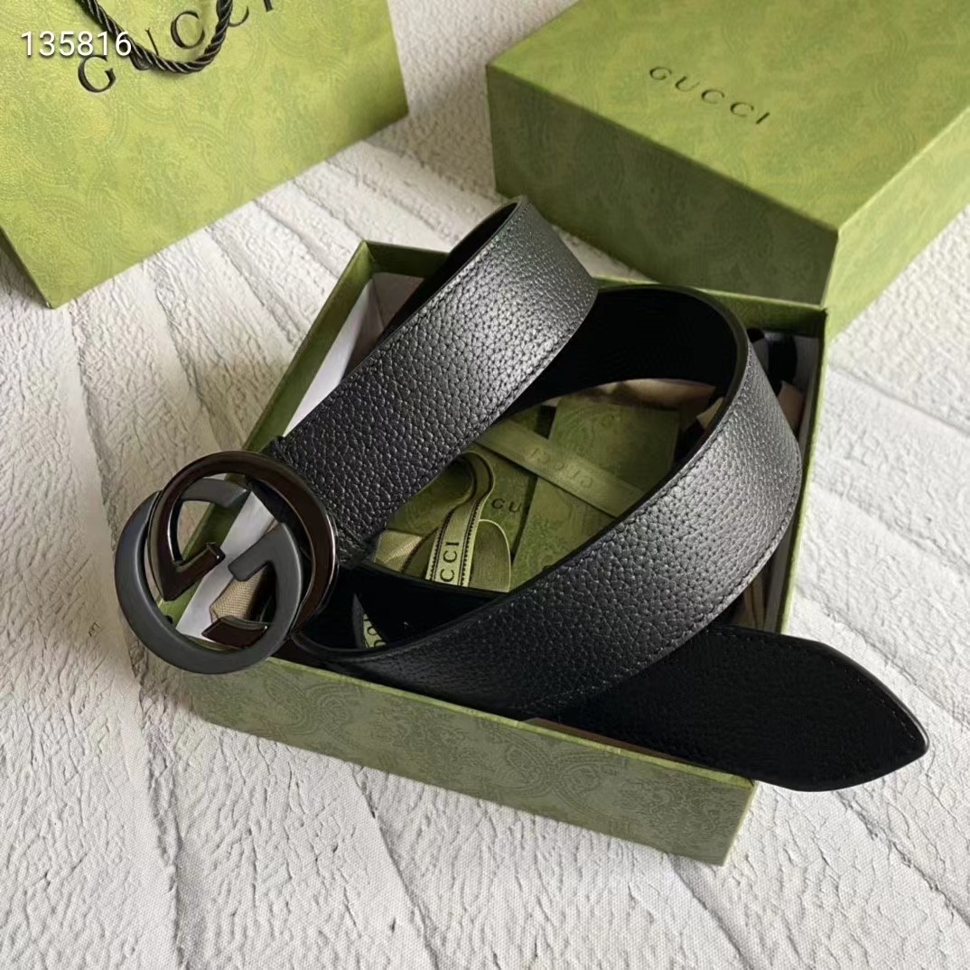 Gucci Unisex GG Leather Belt with Interlocking G Black Buckle 3.8 cm Width