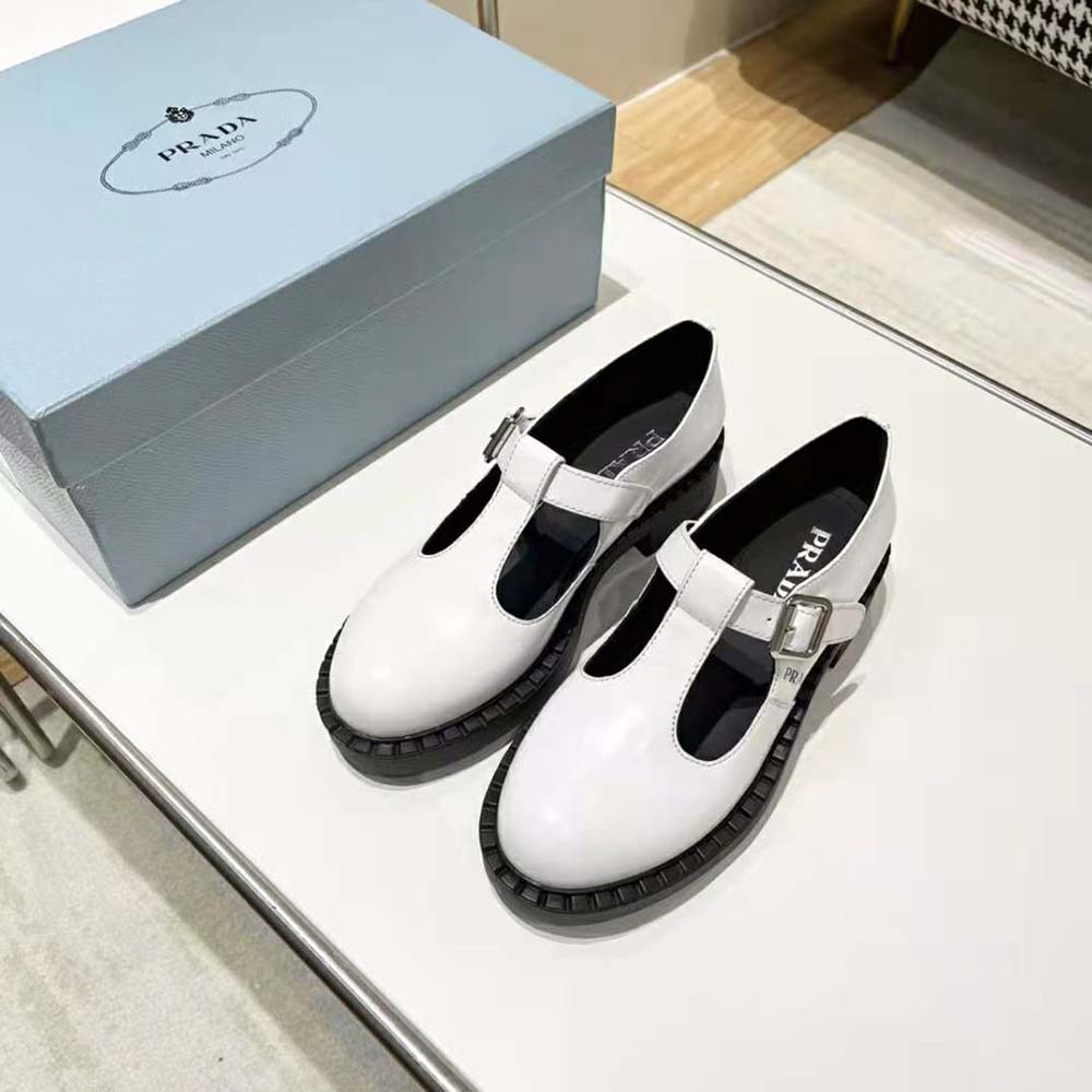 Prada Women Brushed-Leather Mary Jane T-Strap Shoes-White