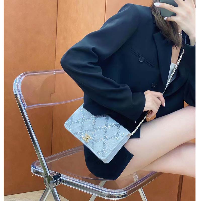 Chanel Women CC Wallet On Chain Embroidered Satin Sequins Gold-Tone Metal White Silver