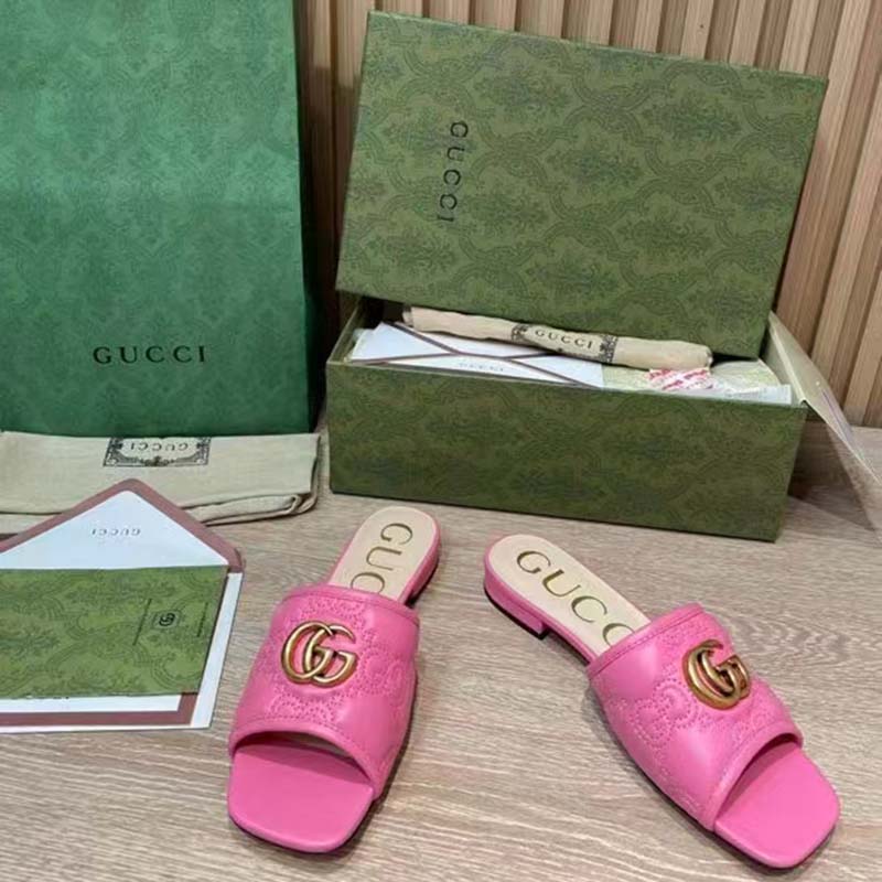 Gucci Women GG Matelassé Slide Sandal Bright Pink Double G Square Toe Flat