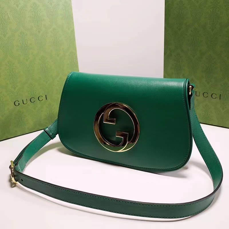 Gucci Women GG Blondie Shoulder Bag Emerald Green Leather Round Interlocking G