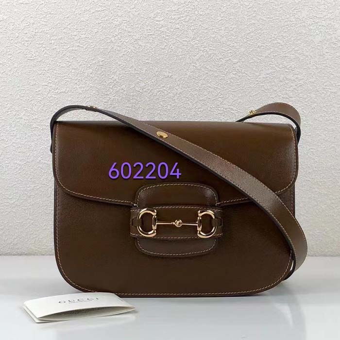 Gucci Women Horsebit 1955 Shoulder Bag Brown Textured Leather Vintage Effect Flap Closure