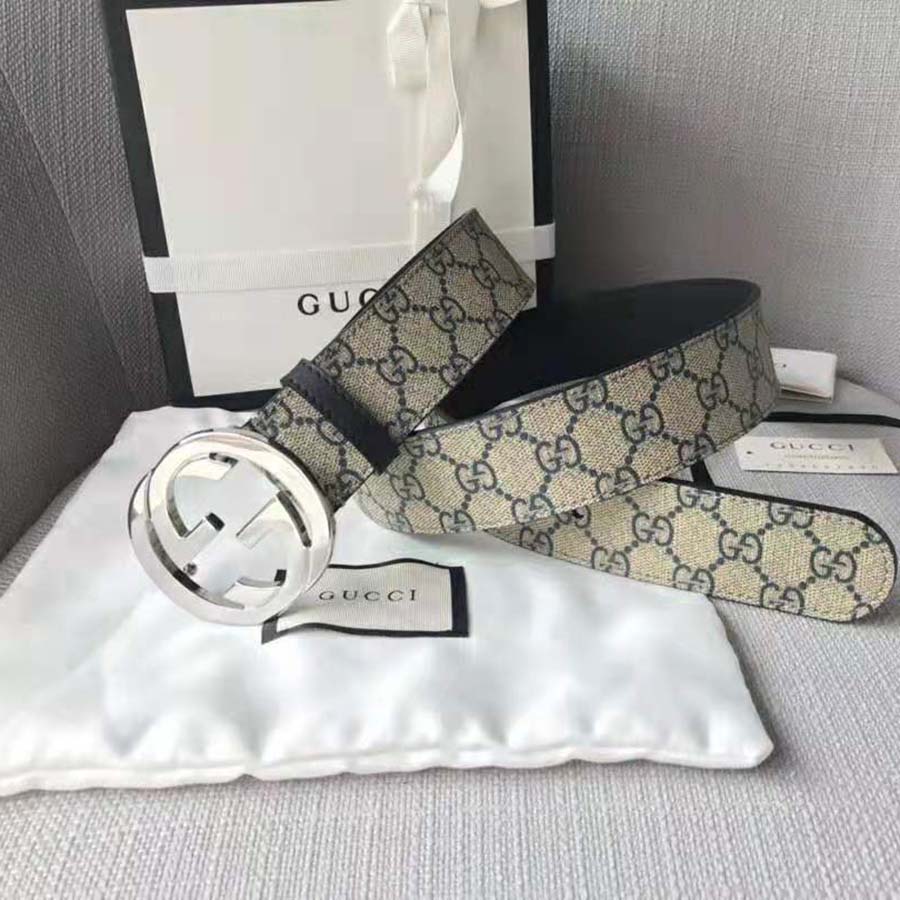 Gucci Unisex GG Supreme Belt with G Buckle in Beige/Blue GG Supreme Canvas