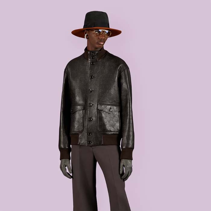 Gucci Men GG Leather Bomber Jacket Brown Lambskin Front Patch Pockets