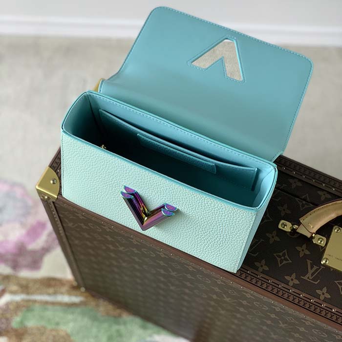 Louis Vuitton LV Women Twist MM Handbag Blue Grained Calfskin Leather