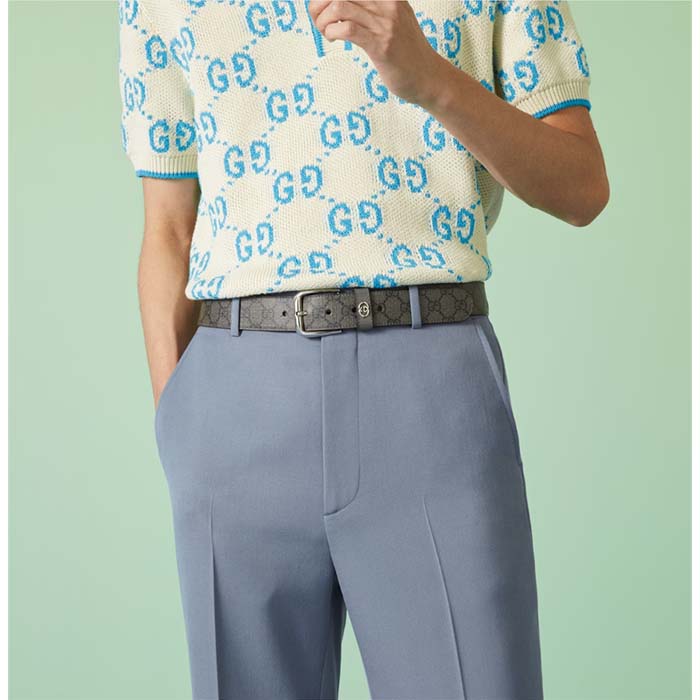 Gucci GG Unisex Belt Interlockig G Grey Black GG Supreme Canvas Leather Square Buckle